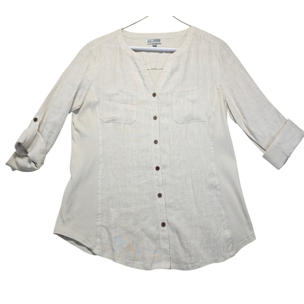 JM Collection Womens Linen Cotton Mixed Media Button Front Roll Tab Top Beige 12